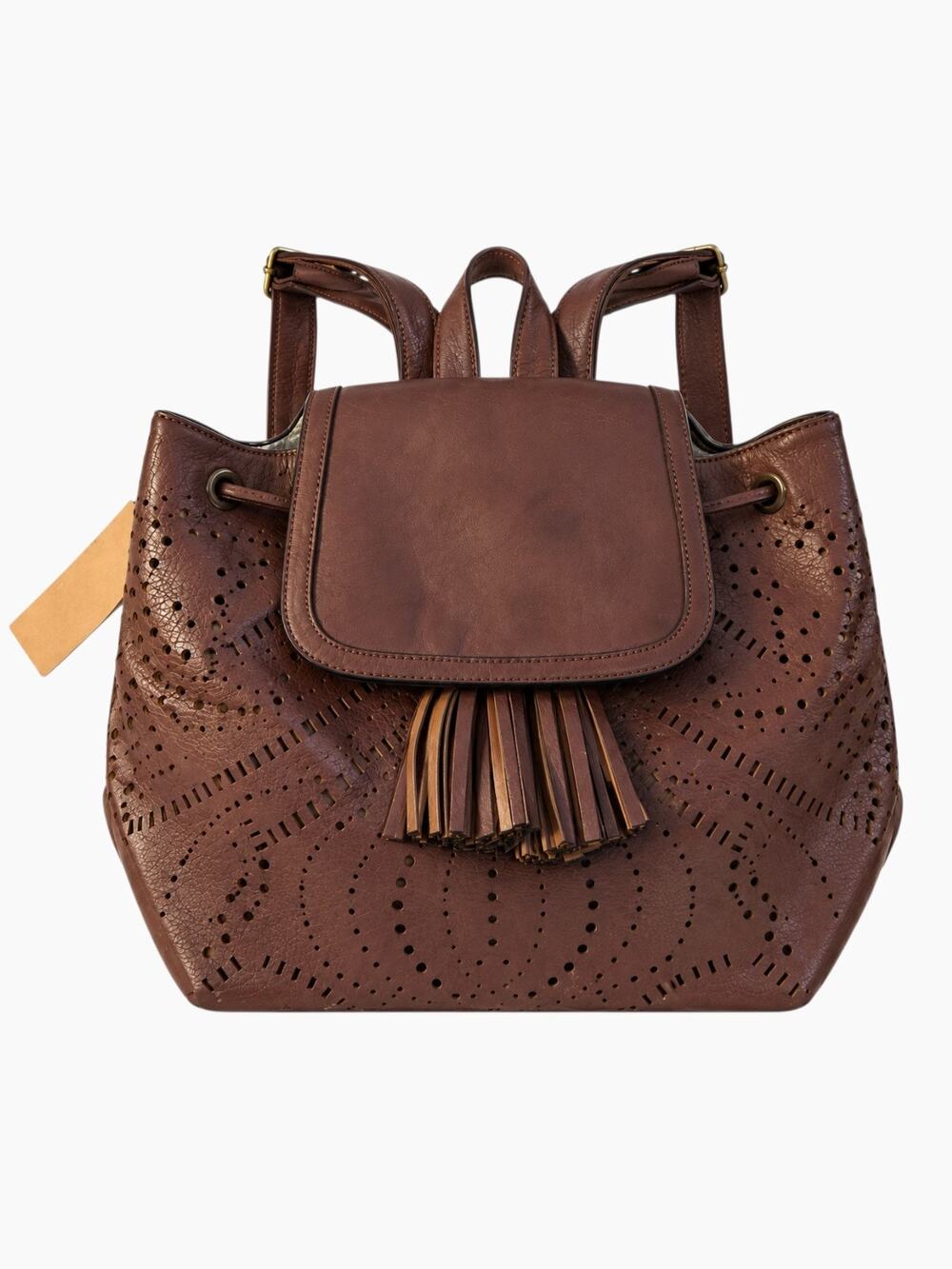 Revive Vintage Dark Brown Vegan Leather Mini Backpack Tassel Laser Cut Boho